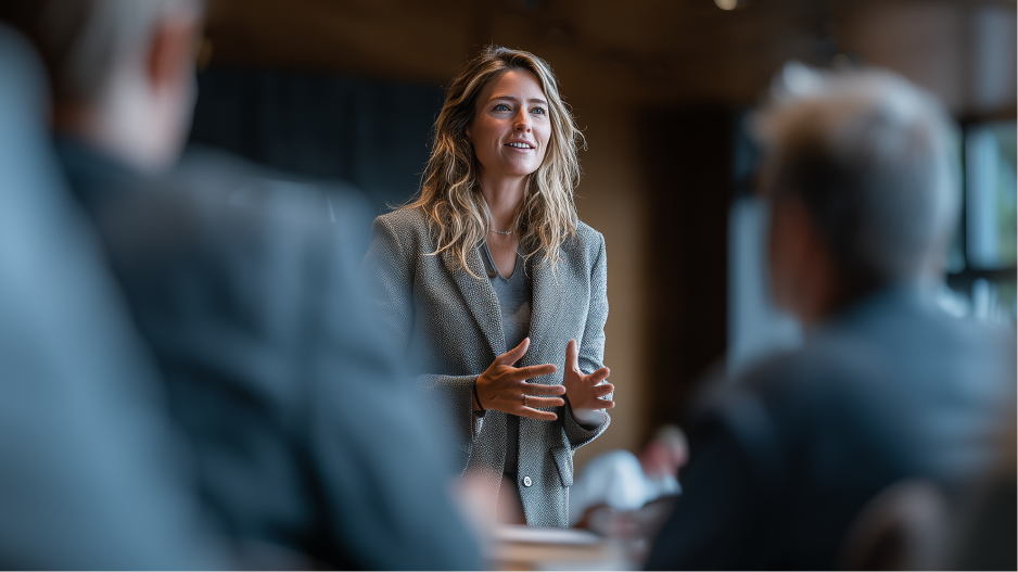 /_cms/webroot/A businesswoman is talking to other business people at a table.