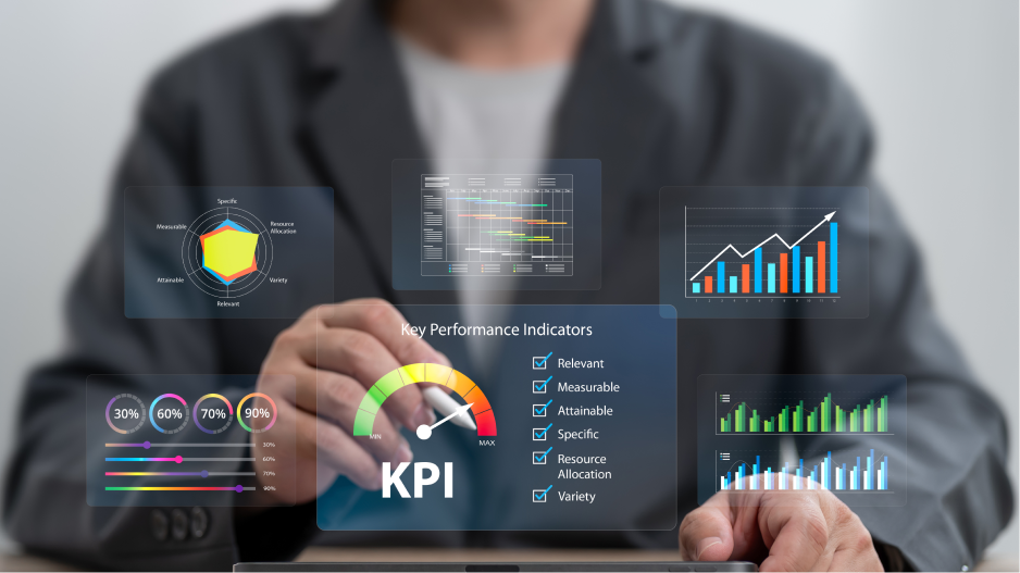 /_cms/webroot/Homme d'affaires travaillant sur une tablette et ayant devant lui différents indicateurs de performance clés (KPI).