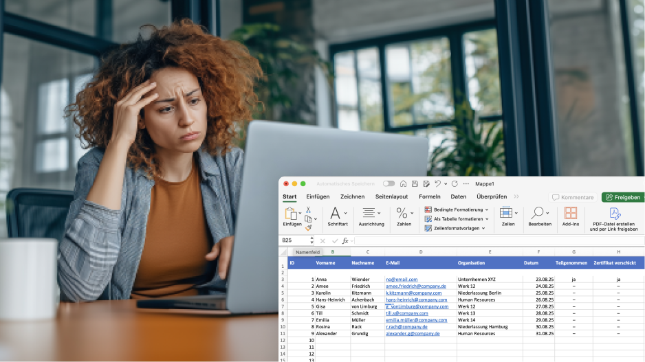 /_cms/webroot/Une personne travaille sur un ordinateur portable dans un bureau moderne ; un tableau Excel contenant les données des participants et le statut de la formation est affiché au premier plan.