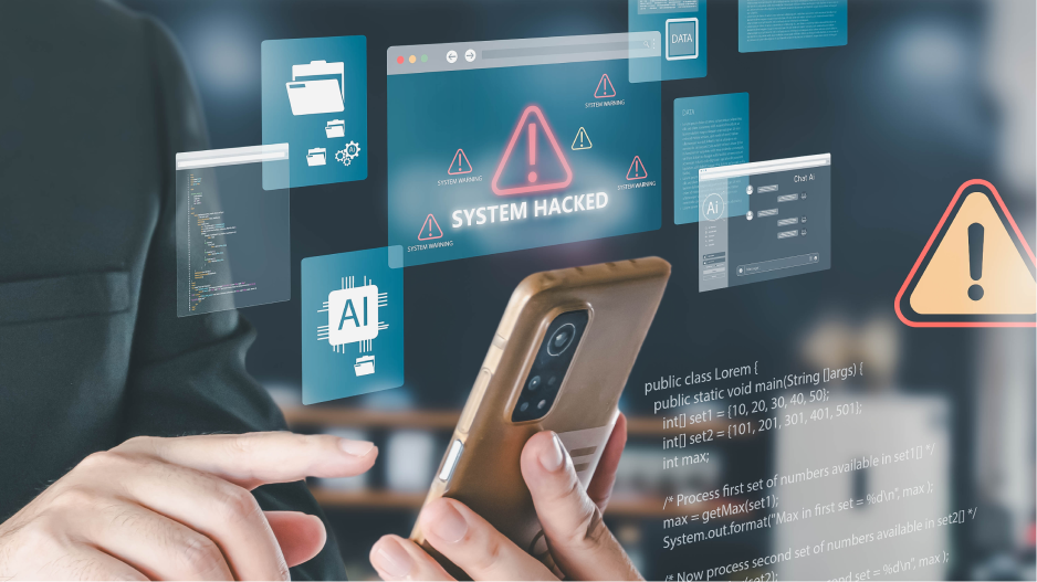 /_cms/webroot/La personne utilise un smartphone alors que des avertissements numériques tels que 'System Hacked' et des icônes de cybersécurité sont affichés.
